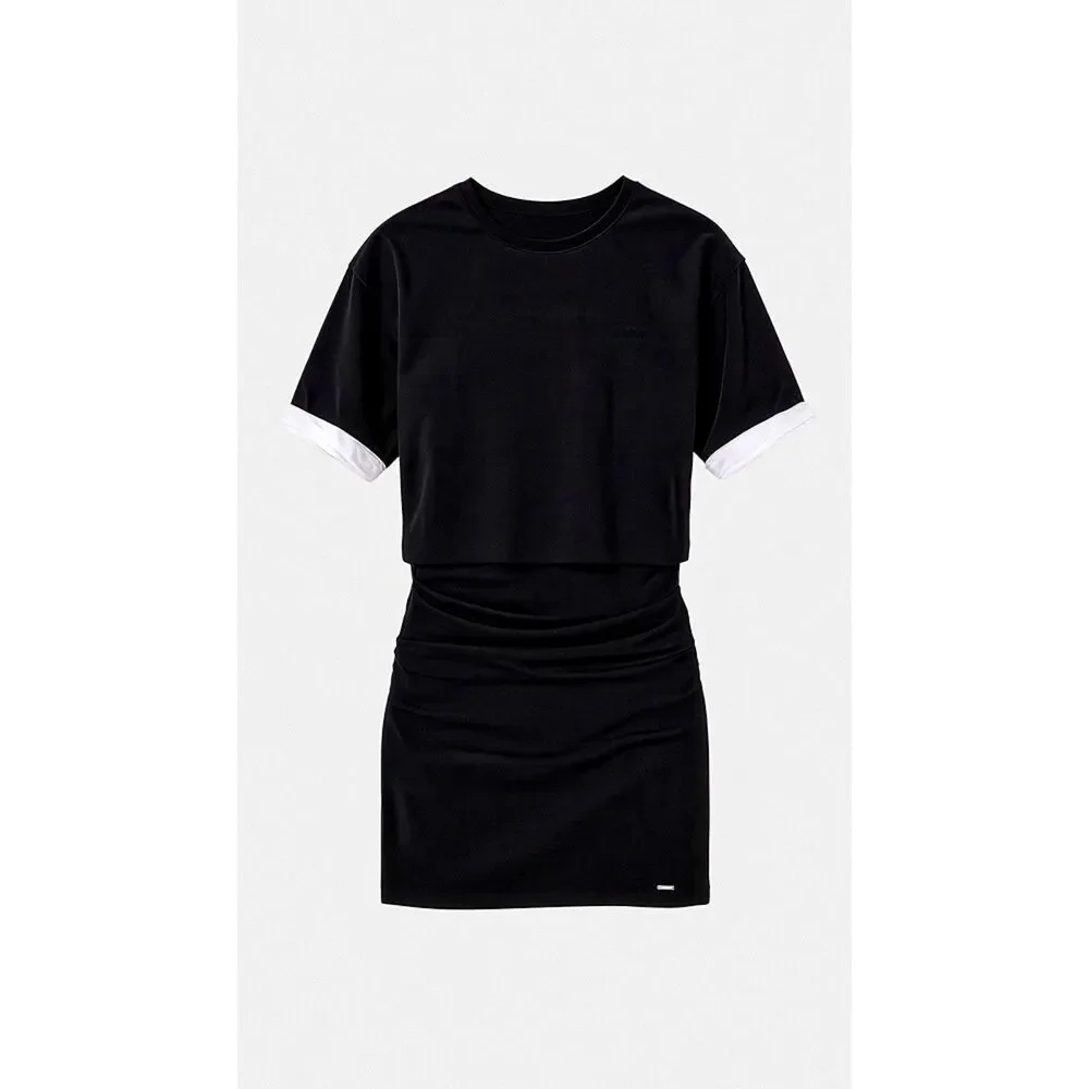 Simkhai Cody Cotton Jersey Ruched Mini Dress in Black & White size XL NWOT
